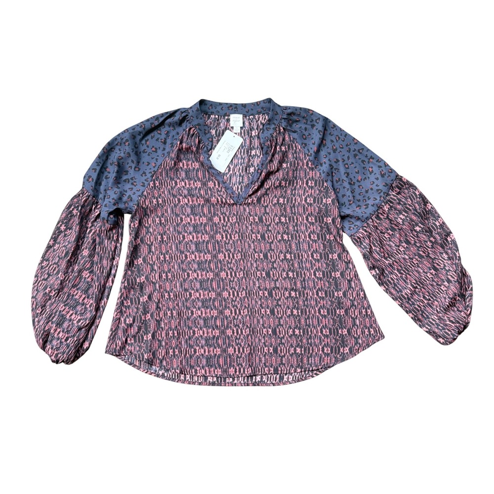 Roan + Ryan Blouse Womens Small Plum Multi NEW Annabelle Mixed Animal Print Top